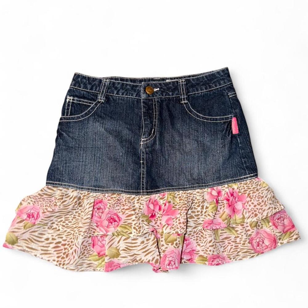 Late 2000s McBling Style Animal Print Patchwork Denim Skirt
